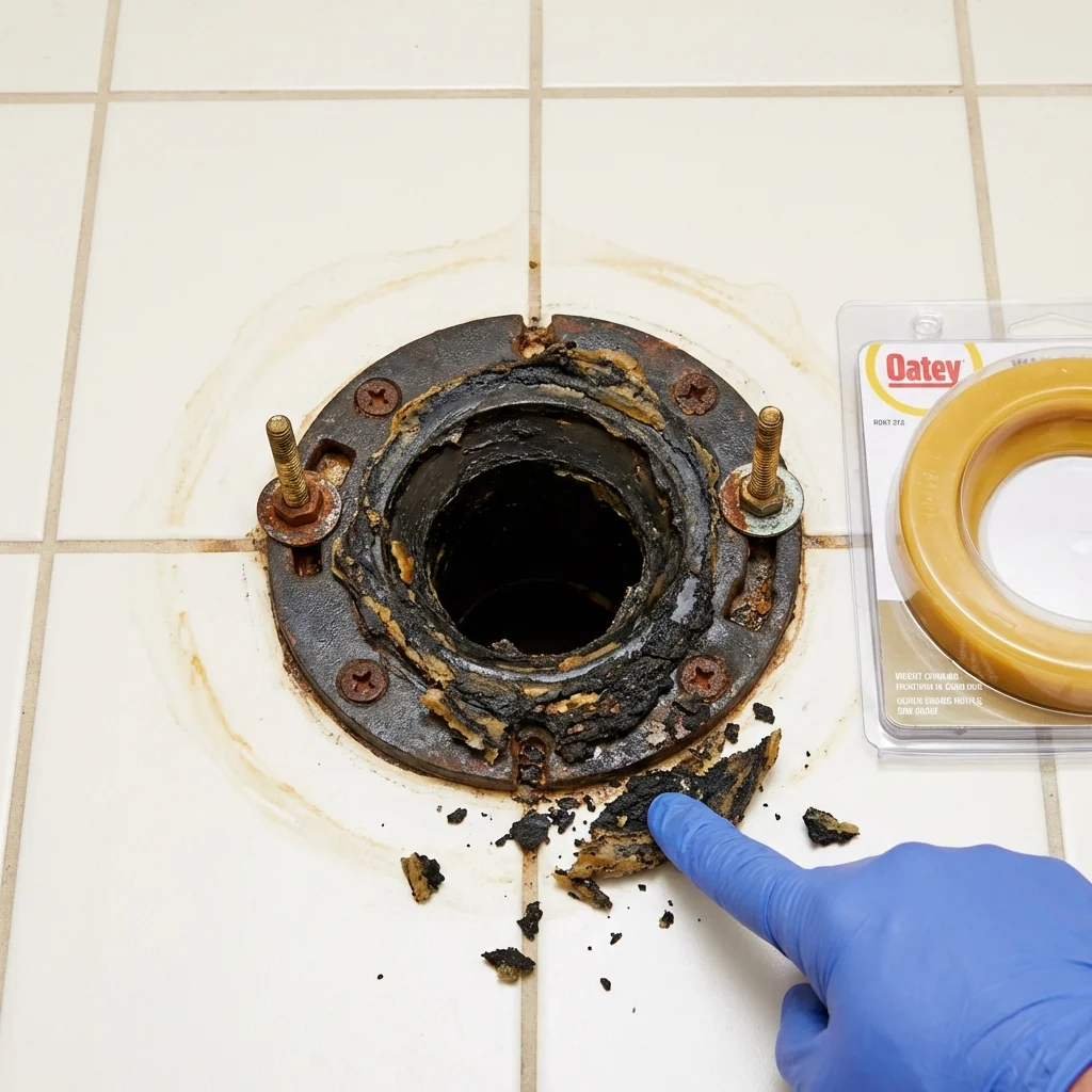Failed wax ring showing water seepage at the base of a toilet in a Monticello, AR home