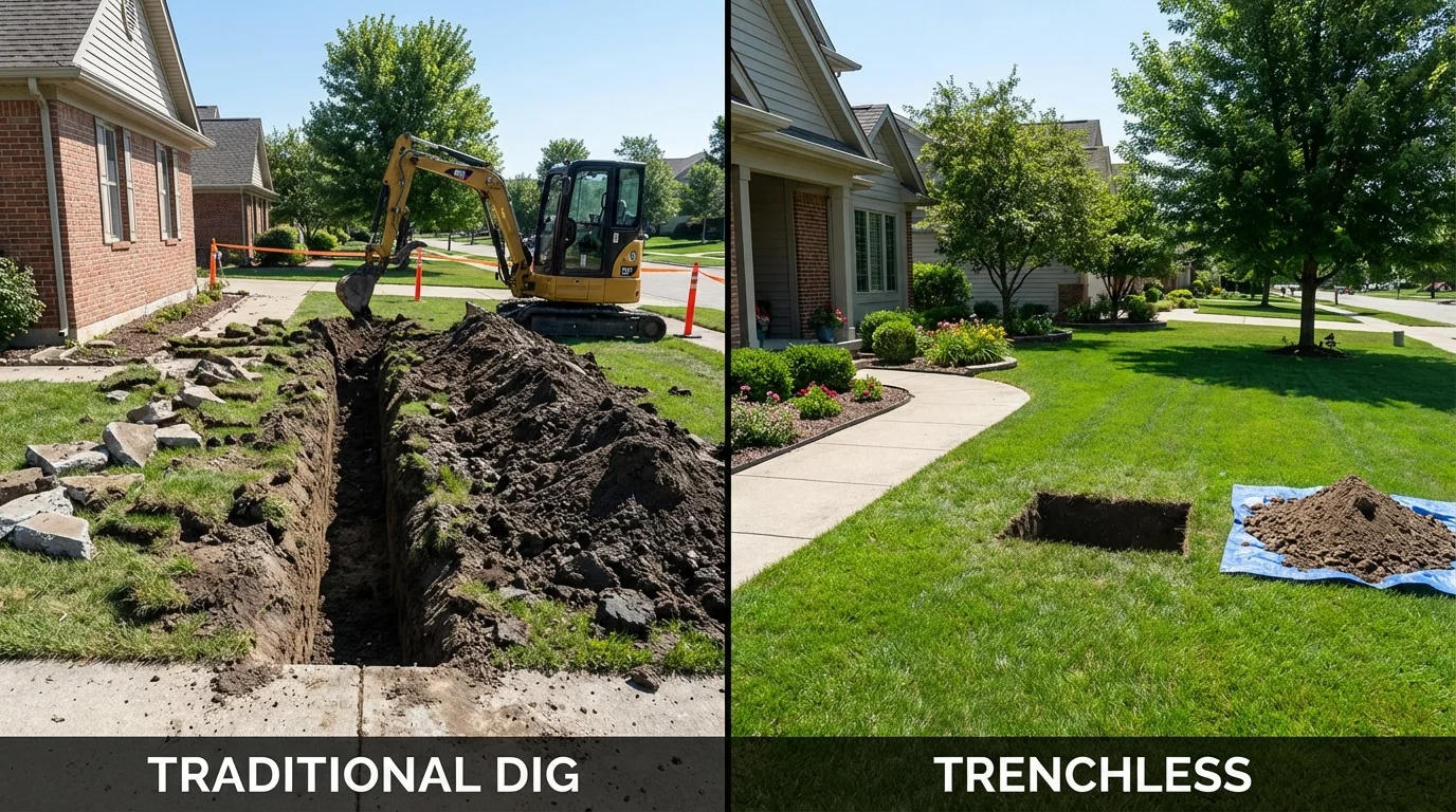 Trenchless sewer repair with minimal yard damage versus traditional excavation in Monticello, AR
