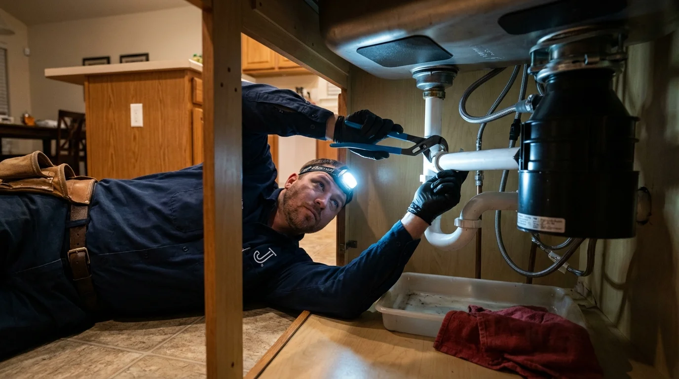 P-trap and supply line connections under a kitchen sink showing a common leak point in Monticello, AR